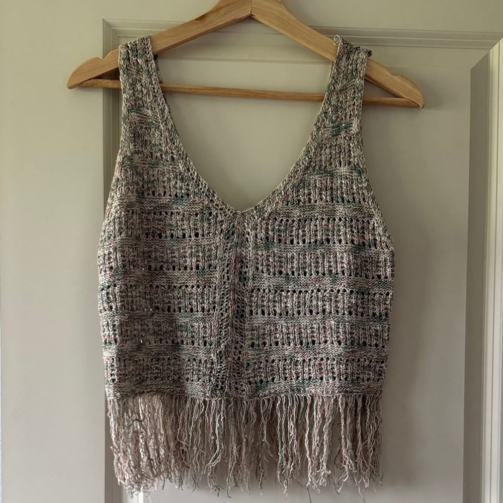 Vintage Fringed Knit V-Neck Tank Top - Neutral Multicolor